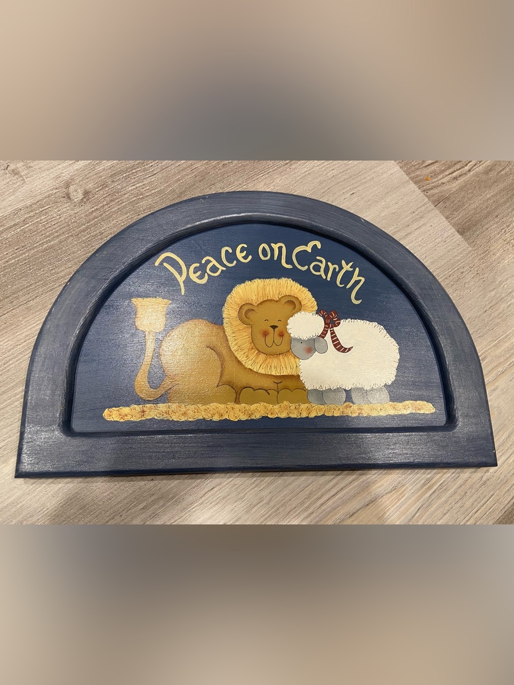 Handpainted Wood Folk Art Peace on Earth Lion & Lamb Christmas Sign 14"